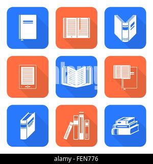 vector white color solid flat design books square icons set long shadow Stock Vector