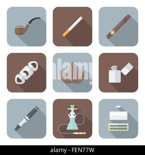 vector color flat design various tobacco goods accessories square icons set long shadow Stock Vector