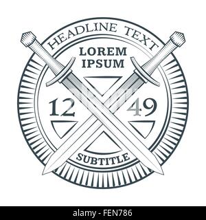 vector black color engraving style sword shield round sign banner  template white background Stock Vector
