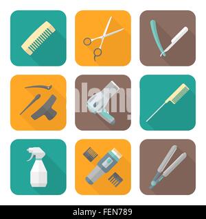 vector hairdresser barber tools equipment colored flat design icons set long shadows Stock Vector