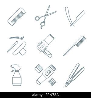 vector hairdresser barber tools equipment dark grey color outline icons set white background Stock Vector