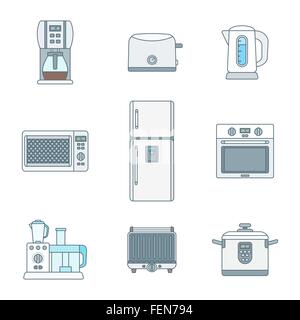 vector color outline various kitchen electric devices gadgets icons set Stock Vector