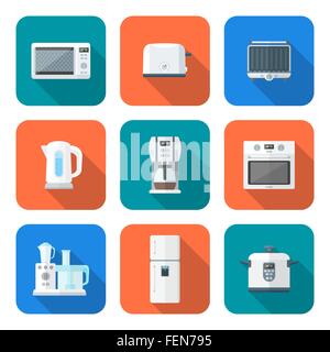 vector colored flat design various kitchen electric devices gadgets icons set long shadow Stock Vector