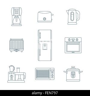 vector grey color outline various kitchen electric devices gadgets icons set Stock Vector
