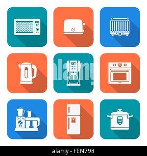 vector white silhouette flat design various kitchen electric devices gadgets icons set long shadow Stock Vector