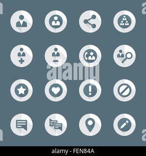 vector dark gray white flat design round various social network actions icons set long shadows Stock Vector