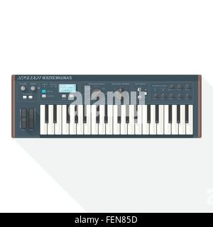 color flat style vector grey blue piano roll analog synthesizer faders buttons knobs display on white background Stock Vector