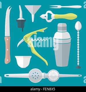 vector flat design barman equipment set tools pour spout, sommelier corkscrew, opener, squeezer, shaker, knife, funnel, fork, ba Stock Vector