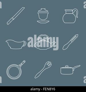 vector various outline dinnerware tableware utensil icons on dark Stock Vector