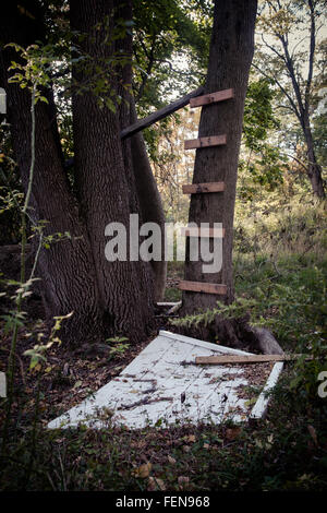 An abandoned, makeshift tree house in the woods Stock Photo