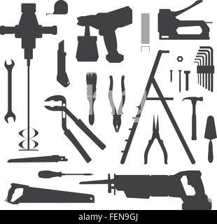 vector various house repair tools dark grey silhouette set Stock Vector