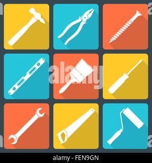 vector various white silhouette flat design house repair instruments equipment icons set with shadow Stock Vector