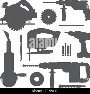 house remodel electric instruments with replacement blade drill grey silhouette set Stock Vector
