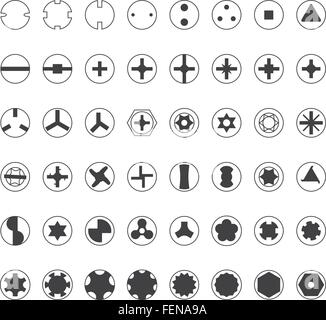 vector dark grey screw heads top view silhouette set Stock Vector