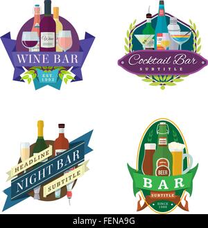 set of vector wine beer cocktail bar logo signs, labels and badges in flat design Stock Vector