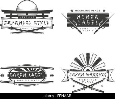 set of vector monochrome japan style banners and logos with cold weapons Stock Vector