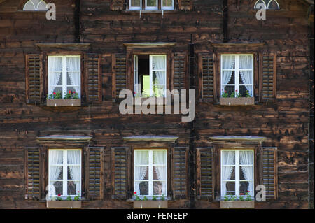 Wooden house, mountain village Elm, UNESCO World Heritage Site Swiss Tectonic Arena Sardona, Kanton Glarus, Switzerland Stock Photo