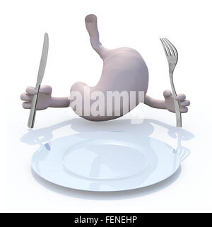 human stomac with arms and cutlery on hand in front on empty plate, 3d illustration Stock Photo