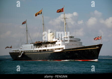 AJAX NEWS PHOTOS. 1975 (ABOUT). SOLENT, ENGLAND. - ROYAL YACHT - THE ROYAL YACHT BRITANNIA WITH H.M. QUEEN ELIZABETH II EMBARKED UNDER WAY OFF THE ISLE OF WIGHT TOWARD PORTSMOUTH.   PHOTO:VIV TOWNLEY/AJAX  REF:16001 Stock Photo
