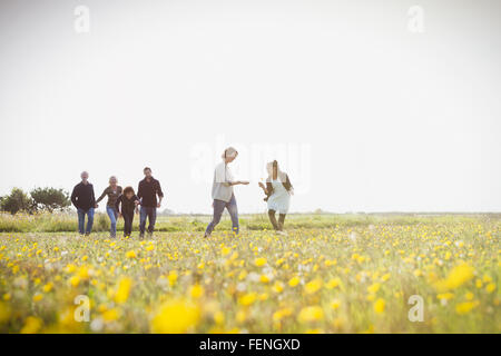 Multi-generation family walking in sunny meadow with wildflowers Stock Photo