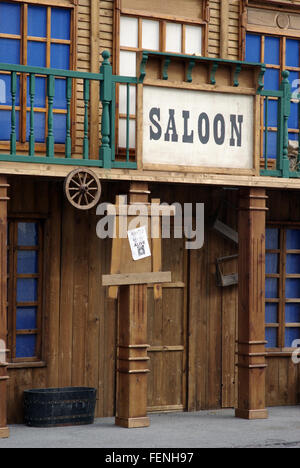 Western town saloon, a front view of an western antique wagon wheel ...