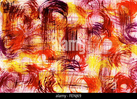 Abstract mixture of circular paintbrush marks in shades of red, yellow and purple Stock Photo