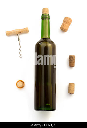 corkscrew and wine bottle isolated on white background Stock Photo