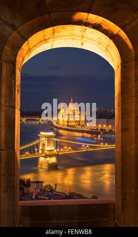 Chain Bridge and the Parliament, view from Fisherman's Bastion at night, Hungary, Budapest Stock Photo