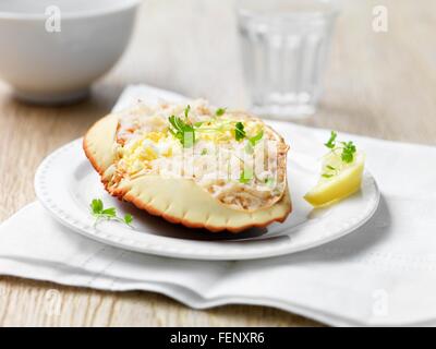 Orkney crab in shell with herbs and lemon wedge Stock Photo