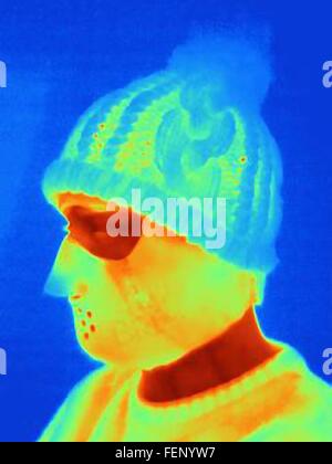 Thermal image of young man wearing threatening mask and knit hat Stock Photo
