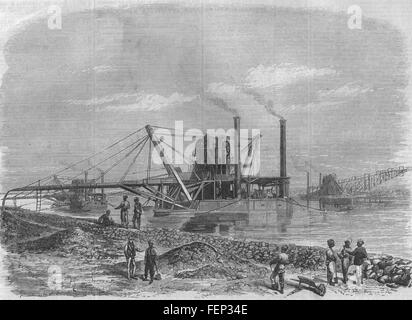 SUEZ CANAL Under construction. Dredges and Elevators at work 1869. Illustrated London News Stock Photo