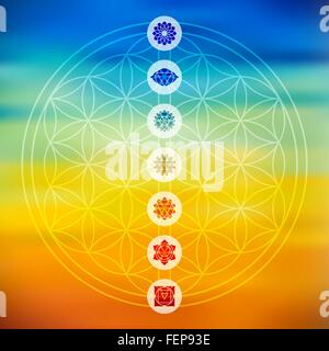 Sacred geometry Flower of Life design with seven main chakra icons over colorful blurred gradient background. EPS10 vector. Stock Vector