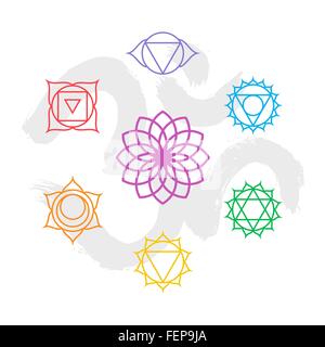 Set of simple outline chakra icons with om handmade calligraphy background. EPS10 vector. Stock Vector