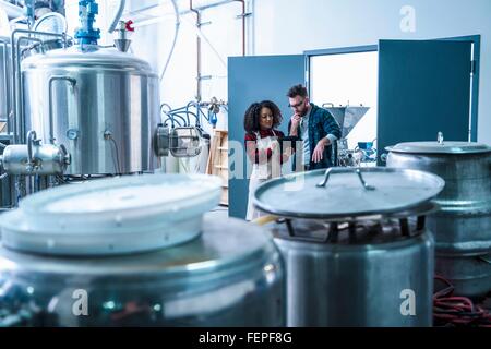 Colleagues in brewery looking at digital tablet Stock Photo