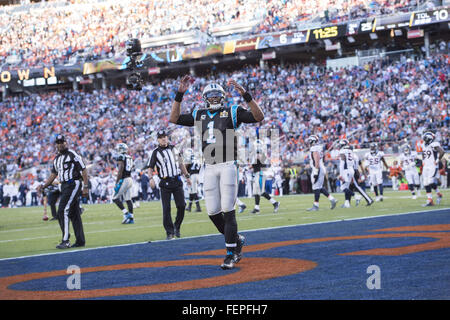 Carolina Panthers quarterback Cam Newton (1) runs on the field after the NFC  Championship football game against the Arizona Cardinals at Bank of America  Stadium. The Panthers won 49-15. Jason Ge …