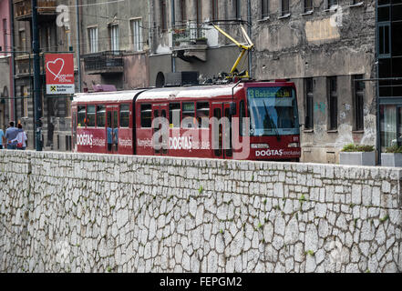 tramway at Obala Kulina Bana Street in Sarajevo, Bosnia and Herzegovina Stock Photo