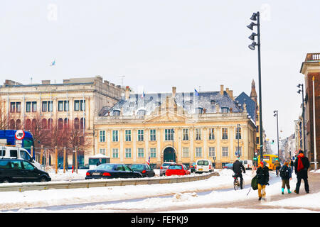 COPENHAGEN, DENMARK - JANUARY 5, 2011: French Embassy at King New Square in winter. Kongens Nytorv is a public square in Copenhagen, Denmark, located at the end of the pedestrian street Stroget Stock Photo