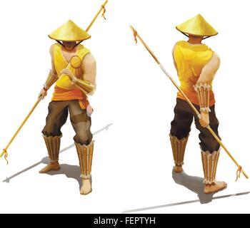 Character fighter-monk with both sides on white Stock Vector