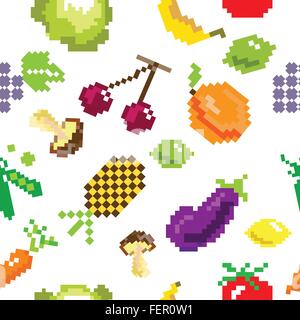 seamless vector retro pixel game fruits pattern Stock Vector