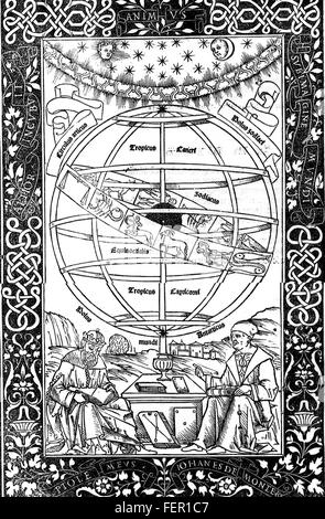 REGIOMONTANUS - Johannes Muller von Konigsberg (1436-1476)  Page from his 1496 book 'Epytoma in almagesti  Ptolemei ' showing himself at right disputing with Ptolemy below a huge armillary sphere Stock Photo