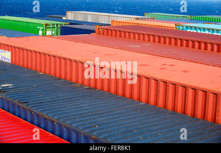 Shipping containers stacked at the prow of CC Corte Real container ship as it sails from Port Kelang to Southampton. Stock Photo