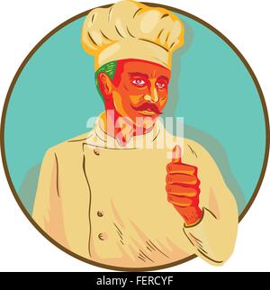 WPA style illustration of a chef with mustache doing a thumbs up viewed from the front set inside circle. Stock Vector