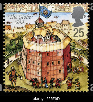 Postage stamp. Great Britain. Queen Elizabeth II. 1995. Reconstruction of Shakespeare's Globe Theatre. The Globe 1599. Stock Photo