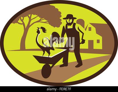 Illustration of an amish farmer wearing hat holding wheelbarrow with rooster on top set inside oval shape with tree and farmhouse in the background done in retro style. Stock Vector