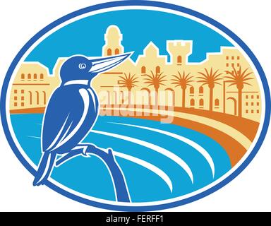 Illustration of a kingfisher bird perched on a branch set inside oval shape with mediterranean coast, buildings and palm trees in the background done in retro style. Stock Vector