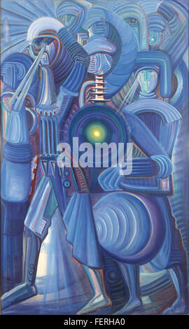 'Kyborgs V' by M. Kalil, created in 1972 using oil on canvas. The painting explores the theme of cyborgs, blending elements of human and machine in a futuristic style, reflecting the era's growing interest in technology and artificial intelligence. Stock Photo