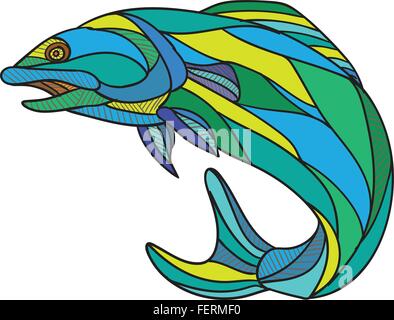 Drawing sketch style illustration of an atlantic salmon fish jumping viewed from the side set on isolated background. Stock Vector