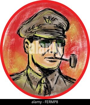 Watercolor style illustration of a world war 2 II general officer smoking a corn cob pipe set inside oval shape on isolated background. Stock Vector
