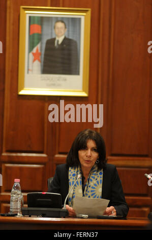 Algiers. 8th Feb, 2016. Mayor of Paris Anne Hidalgo attends a meeting at the French Institute of Algeria in Algiers, Algeria, on Feb. 8, 2016. Mayor of Paris Anne Hidalgo said Monday that the city of Algiers and Paris must take up several challenges underlining that the two cities are confronted with the 'same issues'. © Xinhua/Alamy Live News Stock Photo