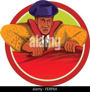 Watercolor style illustration of a matador holding cape facing front set inside circle on isolated background. Stock Vector